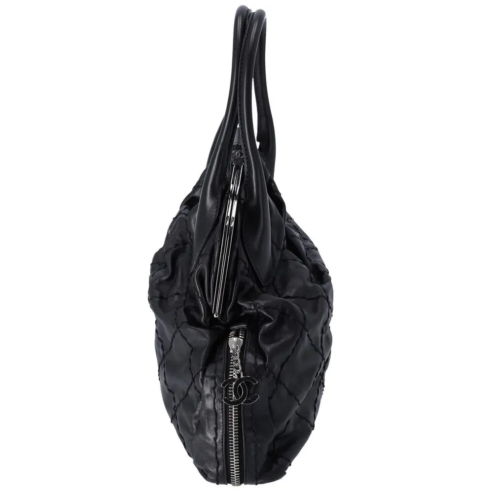 CHANEL Wild Stitch Expandable Frame Tote Bag Black Leather